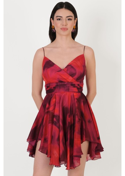 Perpetua Ince Askılı Kruvaze Bel Drapeli Kısa Abiye Elbise Fuşya