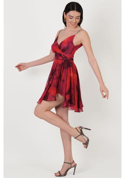 Perpetua Ince Askılı Kruvaze Bel Drapeli Kısa Abiye Elbise Fuşya fiyatları