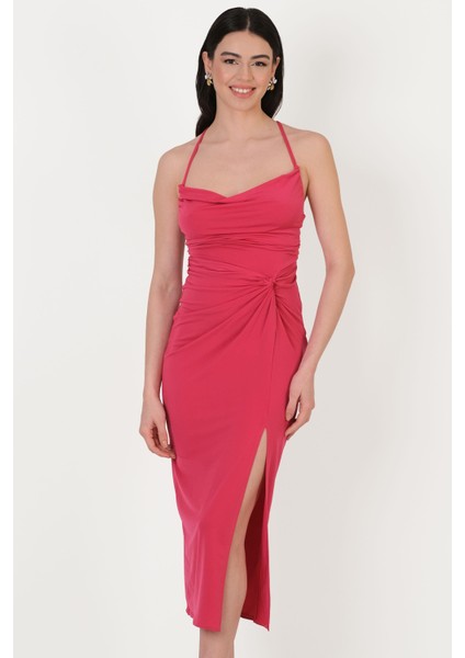 Perabo Degaje Yaka Bel Düğümlü Yırtmaçlı Uzun Abiye Elbise Fuşya