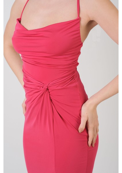 Perabo Degaje Yaka Bel Düğümlü Yırtmaçlı Uzun Abiye Elbise Fuşya fiyatları