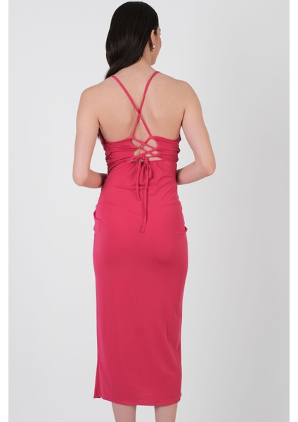 Perabo Degaje Yaka Bel Düğümlü Yırtmaçlı Uzun Abiye Elbise Fuşya modelleri