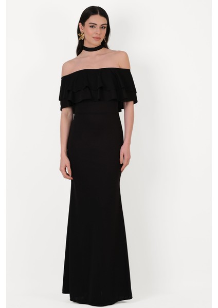 Bersiha Boyundan Bağlı Yaka Fırfırlı Uzun Abiye Elbise Siyah