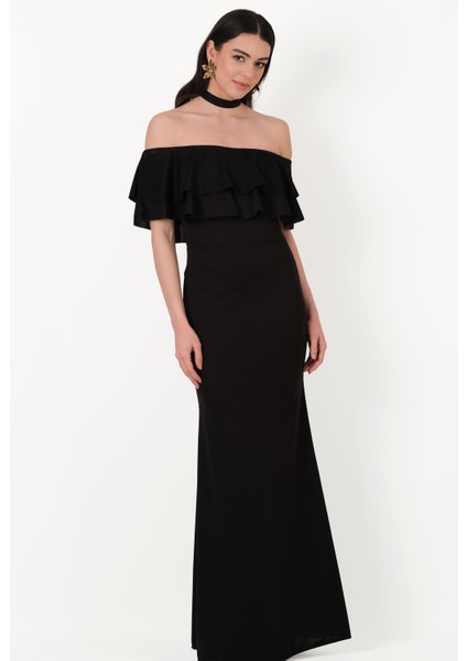 Bersiha Boyundan Bağlı Yaka Fırfırlı Uzun Abiye Elbise Siyah fiyatları