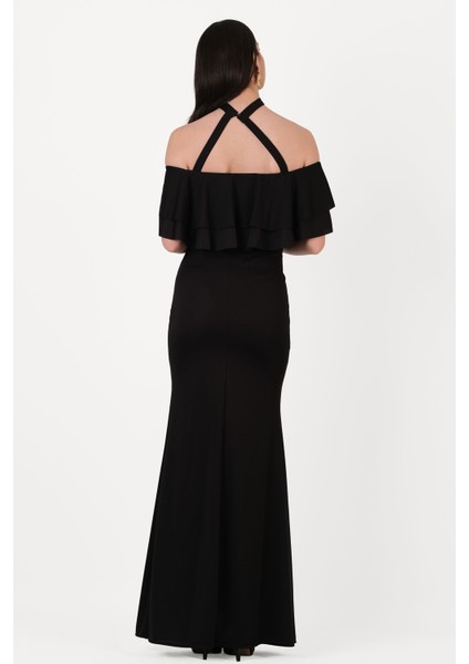 Bersiha Boyundan Bağlı Yaka Fırfırlı Uzun Abiye Elbise Siyah modelleri