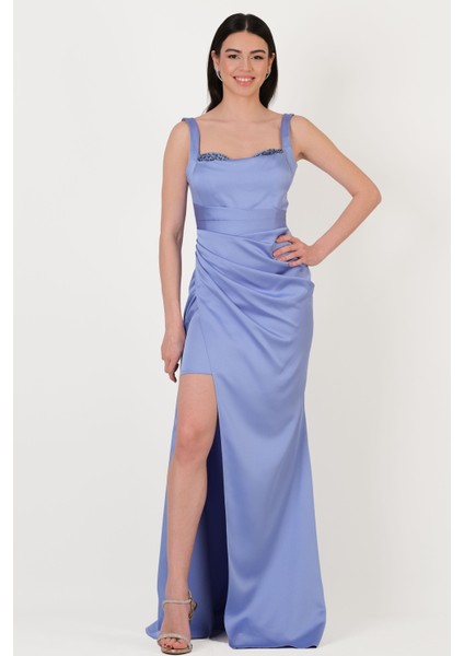 Fenoglio Kalp Yaka Askılı Drapeli Asimetrik Yırtmaçlı Uzun Abiye Elbise Indigo