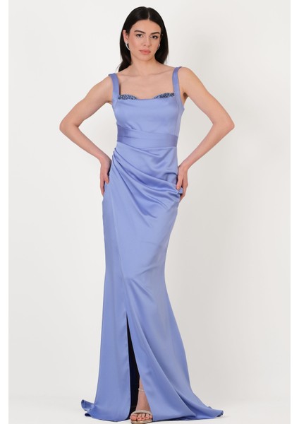 Fenoglio Kalp Yaka Askılı Drapeli Asimetrik Yırtmaçlı Uzun Abiye Elbise Indigo fiyatları