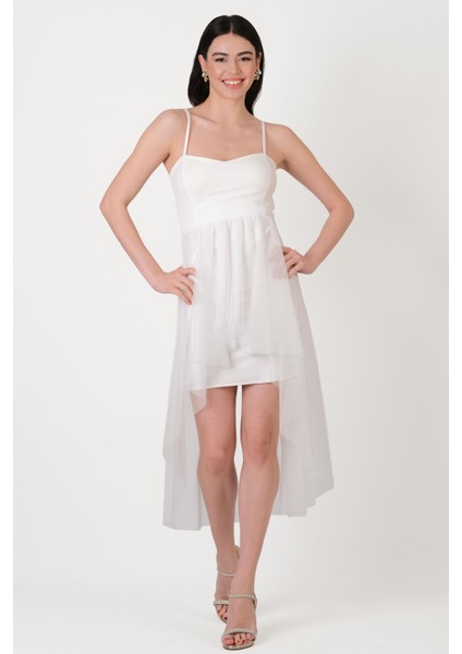 Darianna Kalp Yaka Askılı Önü Kısa Arkası Uzun Kısa Abiye Elbise Beyaz