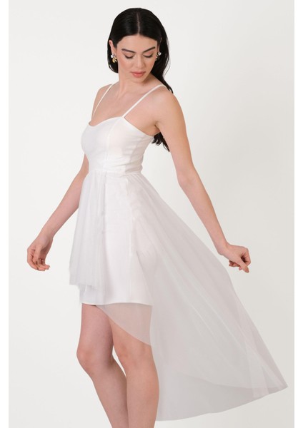 Darianna Kalp Yaka Askılı Önü Kısa Arkası Uzun Kısa Abiye Elbise Beyaz fiyatları