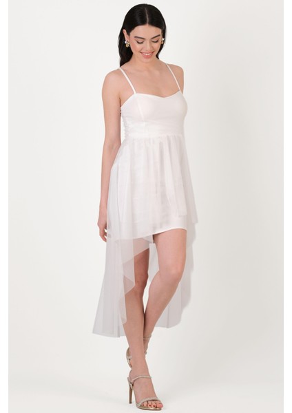 Darianna Kalp Yaka Askılı Önü Kısa Arkası Uzun Kısa Abiye Elbise Beyaz modelleri