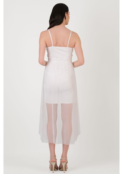 Darianna Kalp Yaka Askılı Önü Kısa Arkası Uzun Kısa Abiye Elbise Beyaz fırsatları