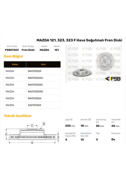 Fren Diski Ön 235MM Mazda 323 B6 1.6 16V 1990-1994 Famılıa 1.5 16V 1996-1998 Oem Kodu - SA01-33-25X-PSB07203
