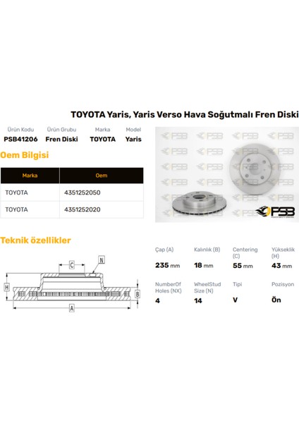 Fren Diski Ön 235MM Toyota Yarıs 2001-2005 Oem Kodu - 43512-52050-PSB41206