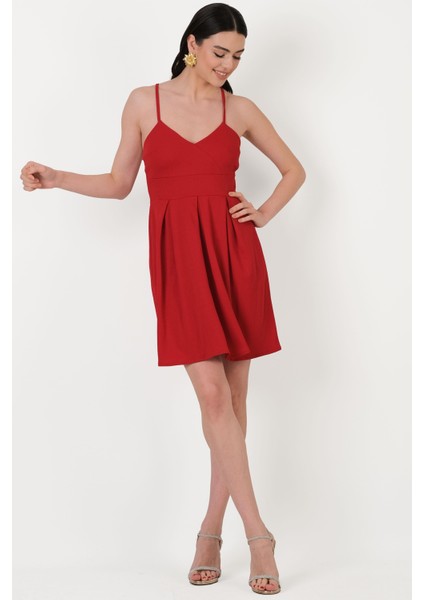 Cavazos Ince Askılı V Yaka Kısa Abiye Elbise Kırmızı