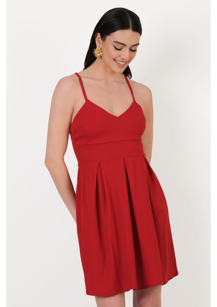 Cavazos Ince Askılı V Yaka Kısa Abiye Elbise Kırmızı fırsatları