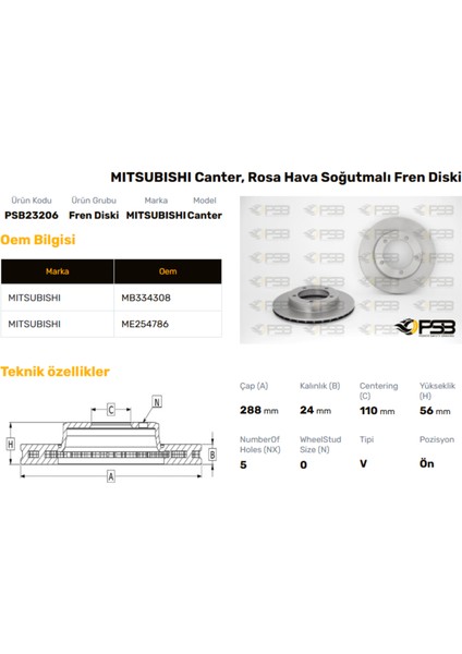 Fren Diski Ön 288MM Mıtsubıshı Canter FE511 FE711 2005- Oem Kodu - ME254786-PSB23206