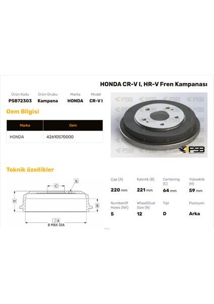 Fren Kampanası Arka 220MM Honda Crv2.0 1995-2002 Hr-V 1999- Oem Kodu - 42610-S70-000-PSB72303