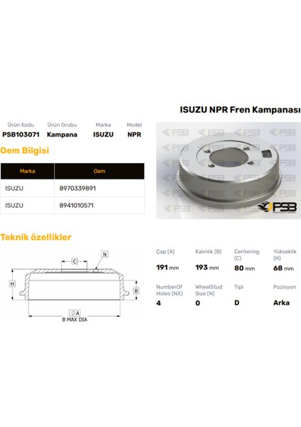 El Fren Kampanası 191MM Isuzu NPR66 1993- Oem Kodu - 8970339891-PSB103071
