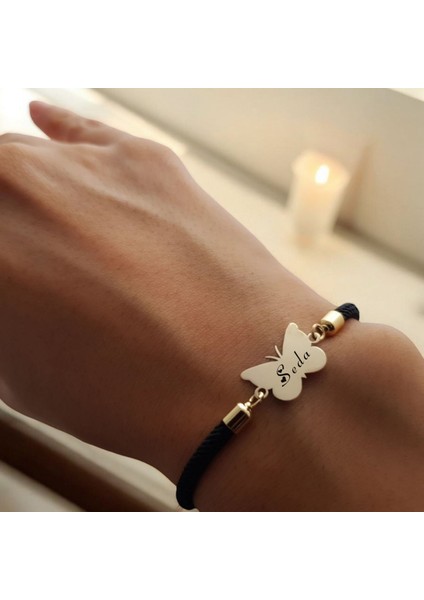 Altın Plakalı 14 Ayar Seda Ismine Özel Siyah Örgü Ipli Kelebek Motifli Hediye BILEKLIK-480ISIM