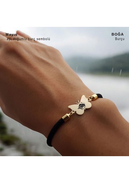 14 Ayar Plakalı Altın Boğa Burçlarına Özel Kelebek Motifli Siyah Örgü Ipli Hediye BILEKLIK-480BURÇ