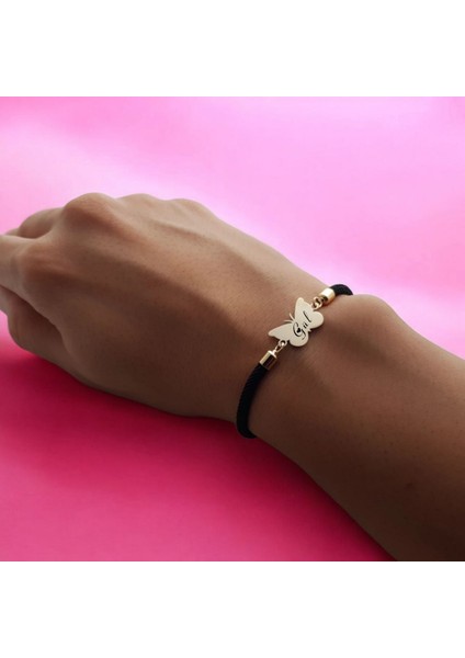 Altın Plakalı 14 Ayar Gül Ismine Özel Siyah Örgü Ipli Kelebek Motifli Hediye BILEKLIK-480ISIM