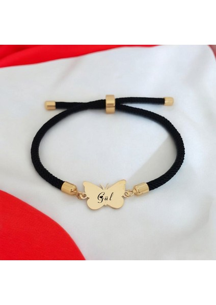 Altın Plakalı 14 Ayar Gül Ismine Özel Siyah Örgü Ipli Kelebek Motifli Hediye BILEKLIK-480ISIM fiyatları