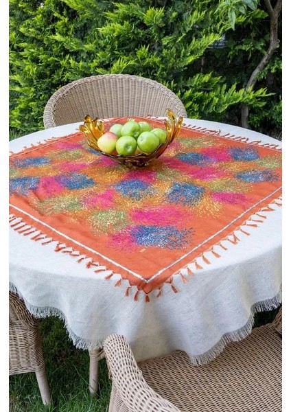 Fuşya Geometrik Desenli El Yapımı Masa Örtüsü Seti, RUNNER(50X150 Cm),2 Adet Yastık KILIFI(45X45 Cm), Masa ÖRTÜSÜ(150X150 Cm)