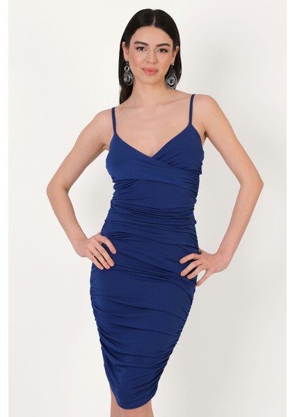 Ineldeı Ince Askılı Kruvaze Yanları Büzgülü Midi Abiye Elbise Saks