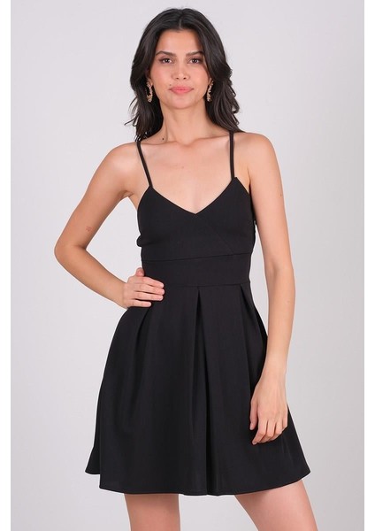 Cavazos Ince Askılı V Yaka Kısa Abiye Elbise Siyah