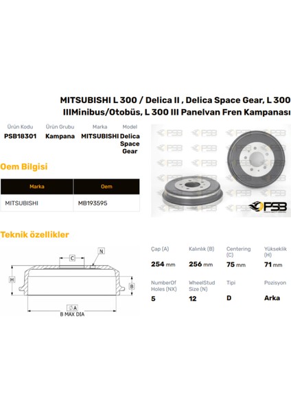 Fren Kampanası Arka 254MM Mıtsubıshı L300 1987- Oem Kodu - MB193595-PSB18301
