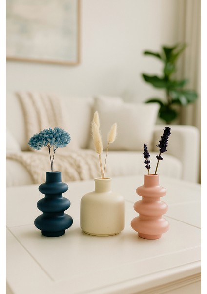 Modern Minimalist 3'lü Dekoratif Vazo Seti – Taş Tozu Tasarım | Renkli Mini Masa Üstü Aksesuar