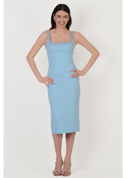 Ormilda Kare Yaka Inci Işlemeli Midi Abiye Elbise Mavi