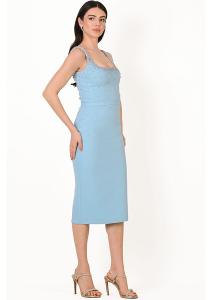Ormilda Kare Yaka Inci Işlemeli Midi Abiye Elbise Mavi fiyatları