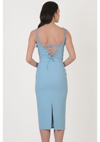 Ormilda Kare Yaka Inci Işlemeli Midi Abiye Elbise Mavi modelleri