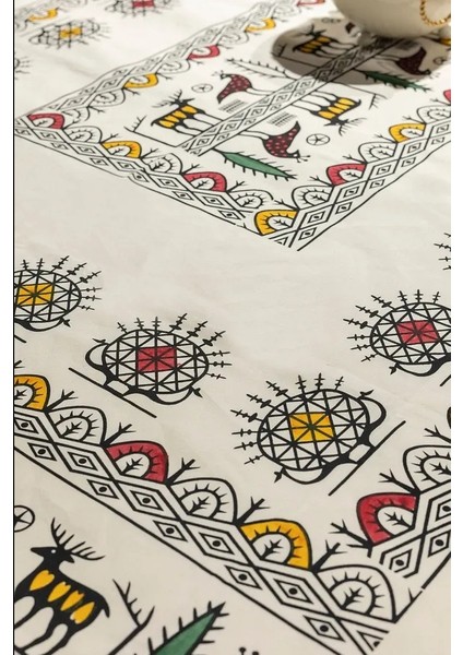 El Baskılı Doğal Pamuk Keten Dikdörtgen Masa Örtüsü (160X200 Cm) Şık Zarif ve Renklitasarım