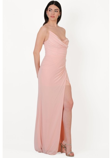 Vangelista Straplez Yaka Drapeli Işlemeli Yırtmaçlı Uzun Abiye Elbise Pudra fiyatları