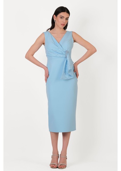 Daniele Kruvaze Yaka Bel Pileli Mendil Inci Işlemeli Midi Abiye Elbise Mavi fiyatları