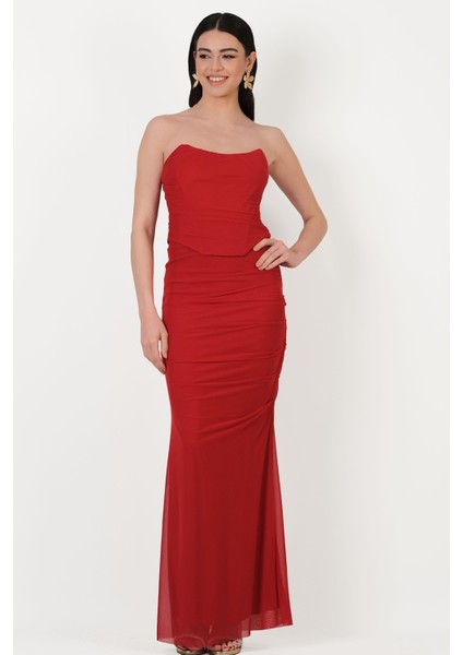 Decima Metal Fermuarlı Straplez Bustiyer Yanı Büzgülü Etek Takım Kırmızı