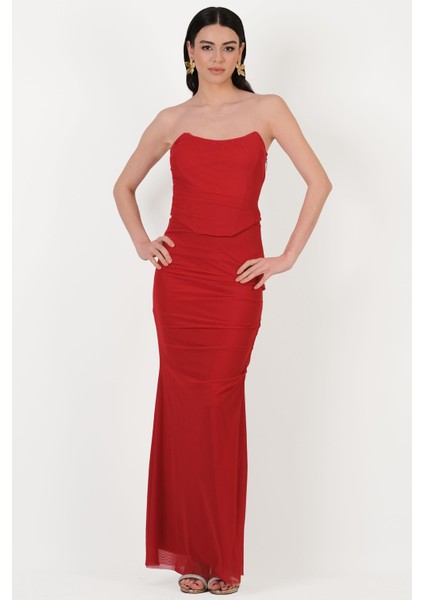 Decima Metal Fermuarlı Straplez Bustiyer Yanı Büzgülü Etek Takım Kırmızı fiyatları