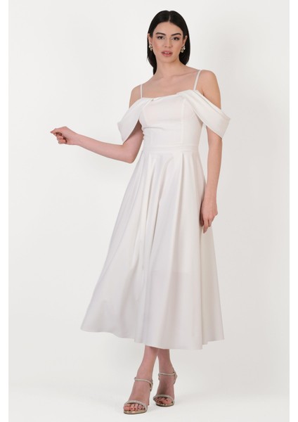 Orfemia Askılı Düşük Kol Kloş Uzun Abiye Elbise Ekru
