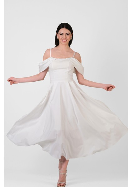 Orfemia Askılı Düşük Kol Kloş Uzun Abiye Elbise Ekru fiyatları