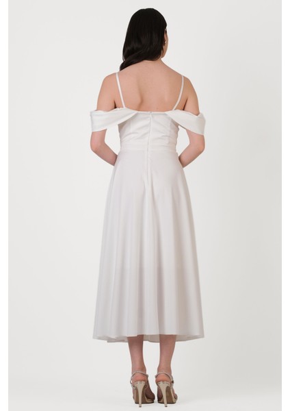 Orfemia Askılı Düşük Kol Kloş Uzun Abiye Elbise Ekru modelleri