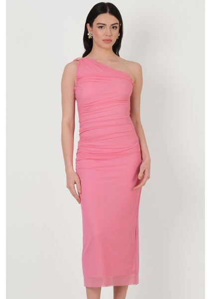 Falchetto Tek Omuz Yanı Büzgülü Midi Abiye Elbise Pembe