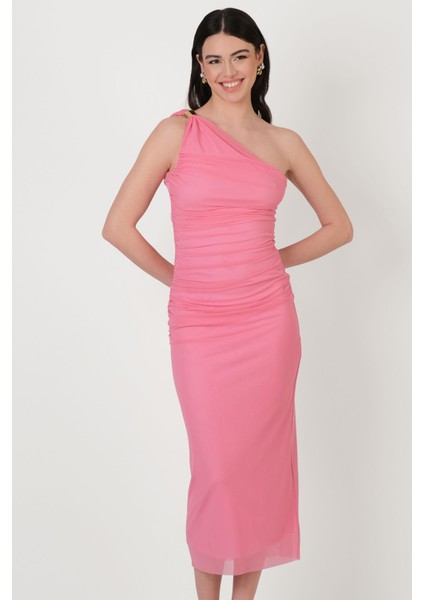 Falchetto Tek Omuz Yanı Büzgülü Midi Abiye Elbise Pembe fiyatları