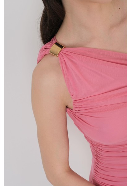 Falchetto Tek Omuz Yanı Büzgülü Midi Abiye Elbise Pembe modelleri