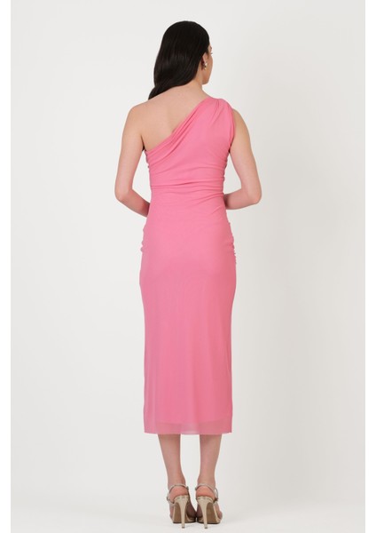 Falchetto Tek Omuz Yanı Büzgülü Midi Abiye Elbise Pembe fırsatları