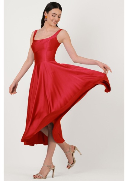 Nema Sırtı Çapraz Bağlamalı U Yaka Midi Abiye Elbise Kırmızı