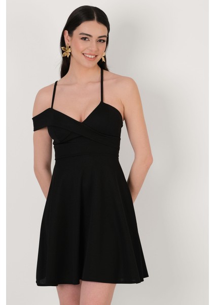 Bambina Ince Askılı Kloş Kısa Abiye Elbise Siyah