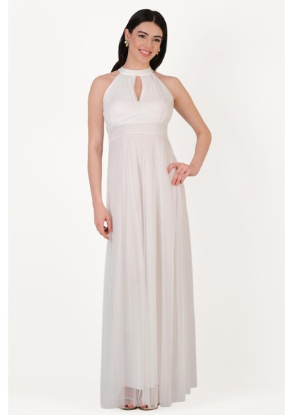 Firenze V Yaka Boyundan Bağlı Uzun Abiye Elbise Beyaz