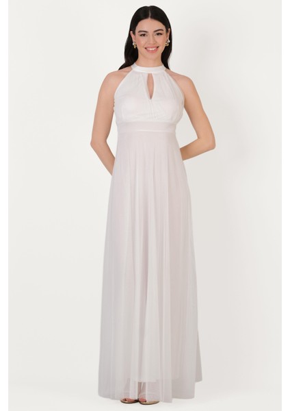 Firenze V Yaka Boyundan Bağlı Uzun Abiye Elbise Beyaz fiyatları