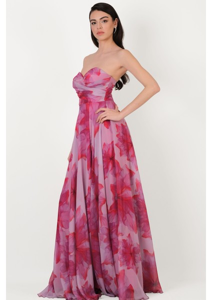 Espinosaı Kalp Yaka Straplez Uzun Abiye Elbise Fuşya